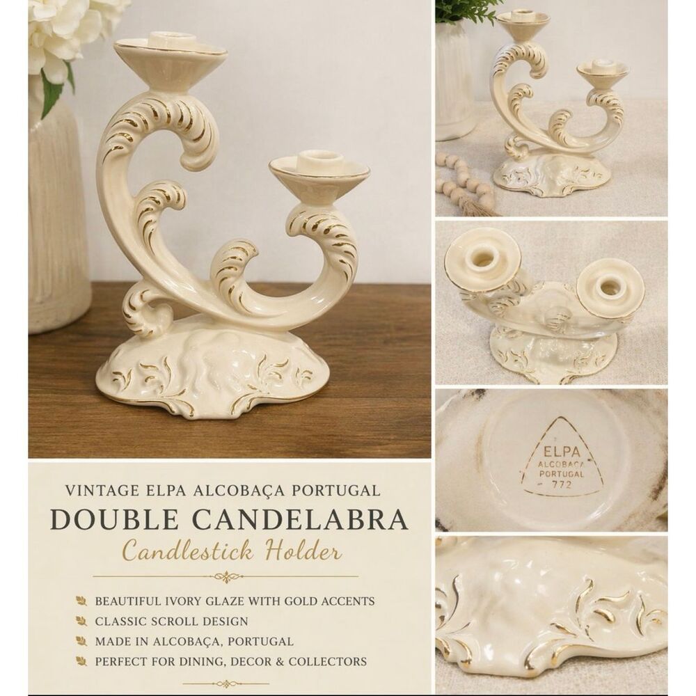 Vintage ELPA Alcobaca Portugal Ivory Gold Double Candelabra Candlestick Holder